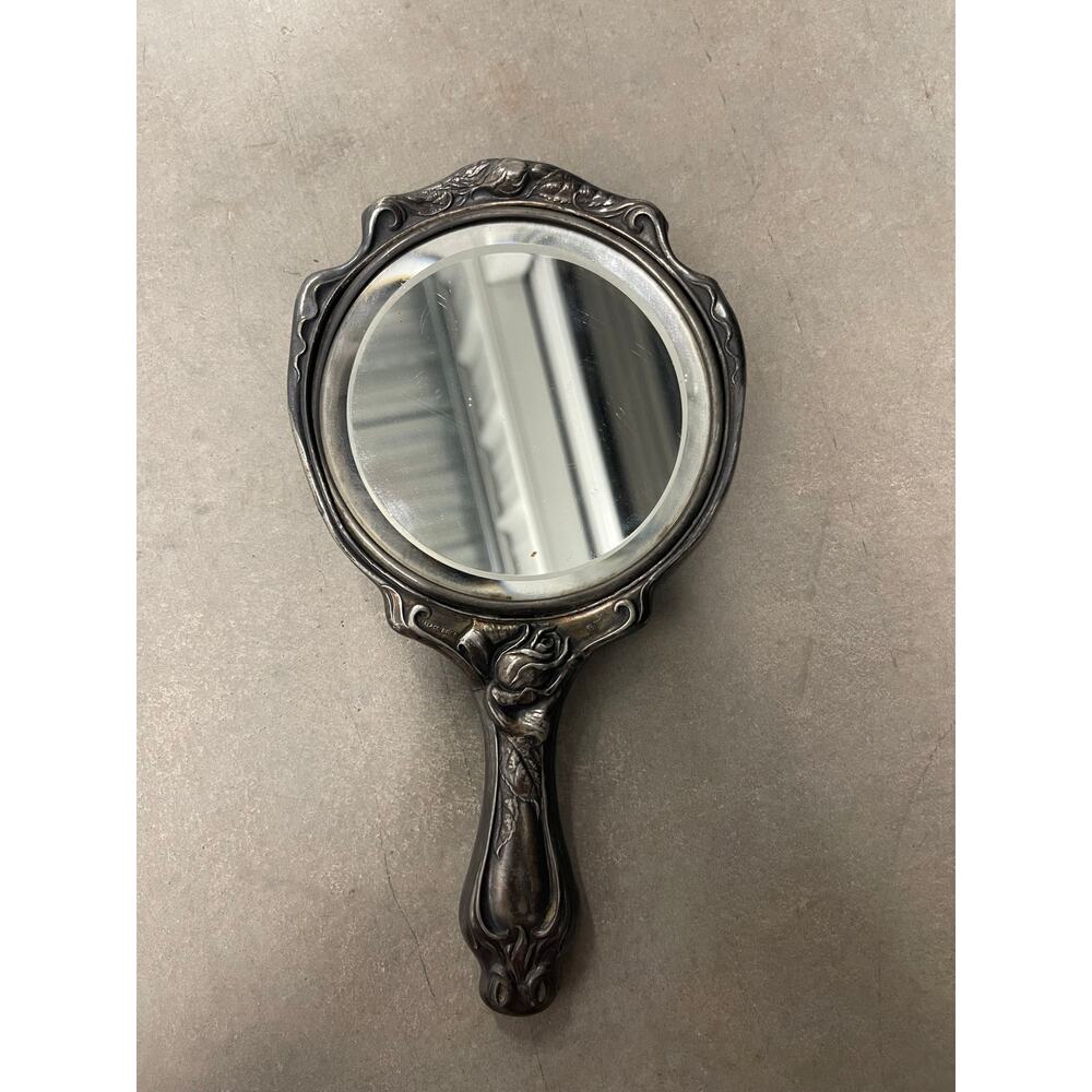 Antique Sterling Silver Hand Mirror Set 2 Art Nouveau Repousse Rose Victorian